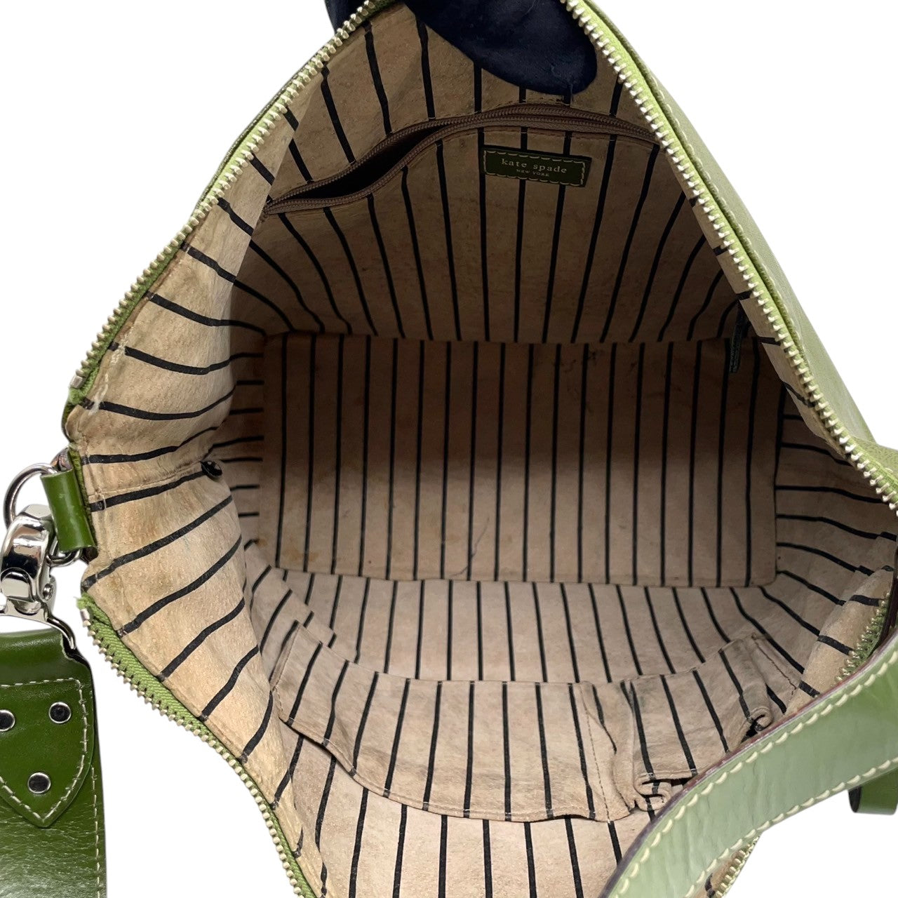 Kate spade ケイトスペード ショルダーバッグ ワンショルダー ホーボーバッグ 大容量 A4収納可 本革 レザー シボ革 グリーン カーキ系 ストライプ柄ライナー レディース エレガント カジュアル 通勤通学 人気モデル クリーニング済み s1