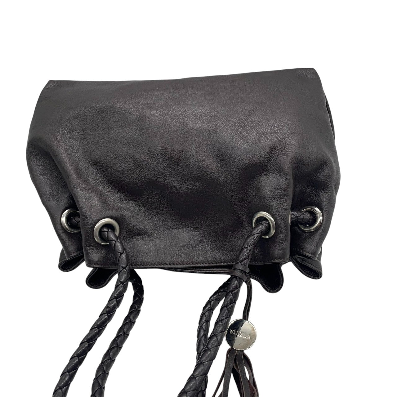 FURLA フルラ カルメン トートバッグ ワンショルダー A4収納可 大容量 本革 レザー シボ革 編み込みハンドル ダークブラウン こげ茶 レディース エレガント ビジネス 通勤通学 イタリア製 人気モデル クリーニング済み s1
