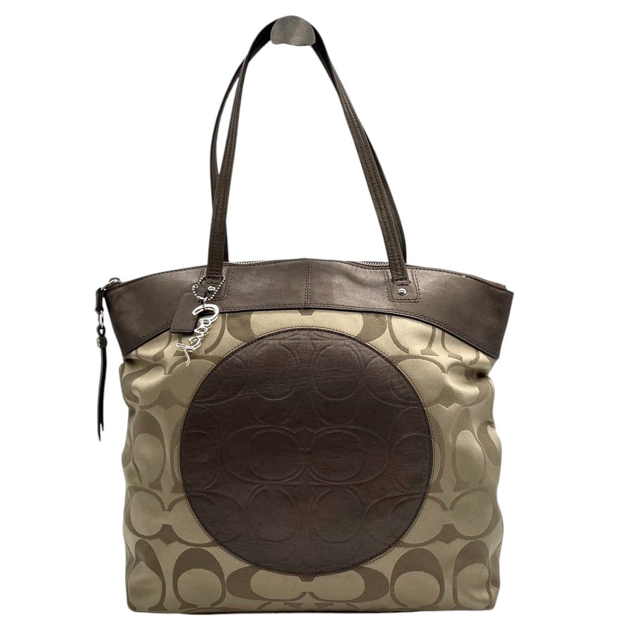【COACH】コーチ ヘリテージ シグネチャー トートバッグ F18835 ワンショルダー A4収納可 大容量 キャンバス レザー ブラウン系 レディース 通勤通学 定番人気モデル チャーム付き クリーニング済み s7