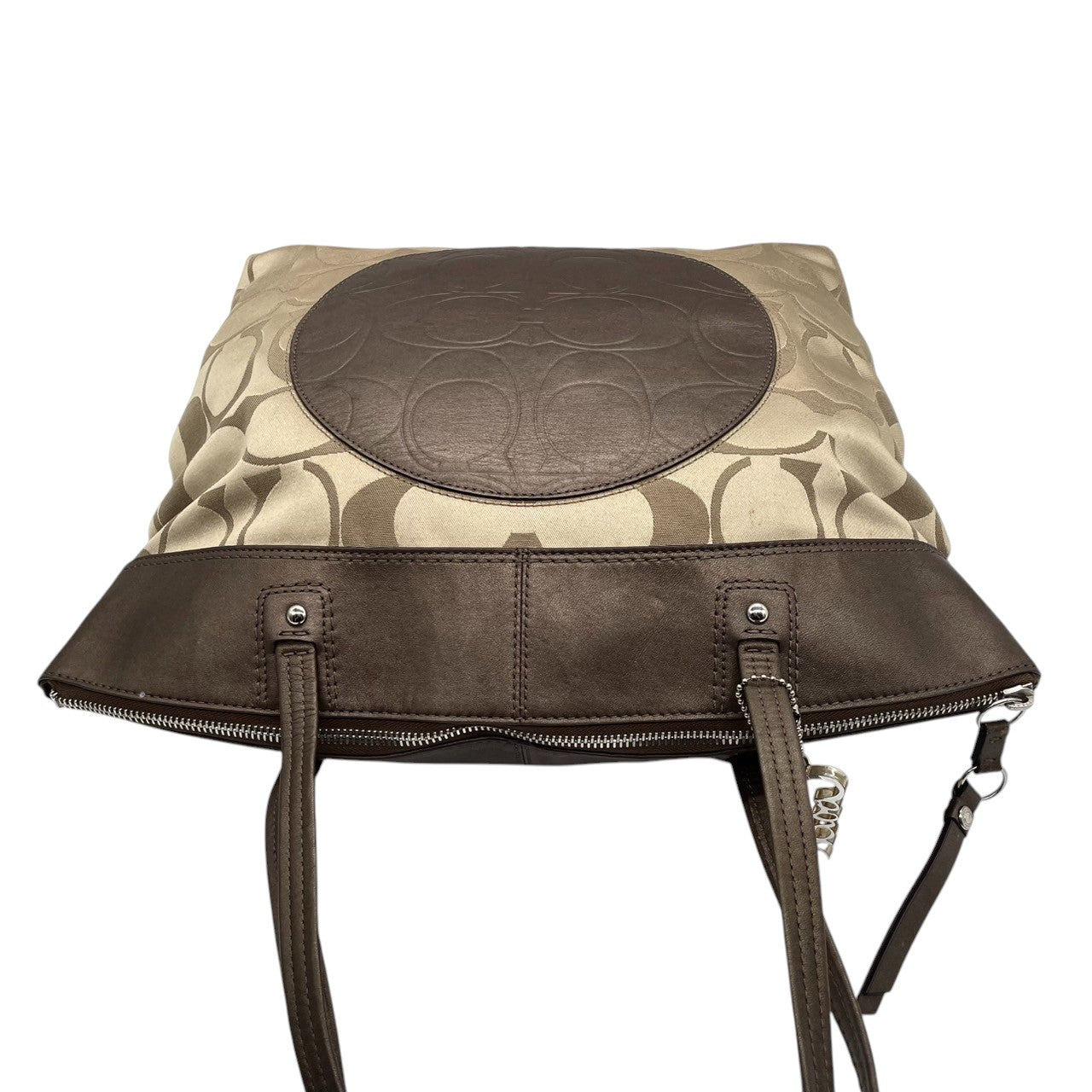 【COACH】コーチ ヘリテージ シグネチャー トートバッグ F18835 ワンショルダー A4収納可 大容量 キャンバス レザー ブラウン系 レディース 通勤通学 定番人気モデル チャーム付き クリーニング済み s7