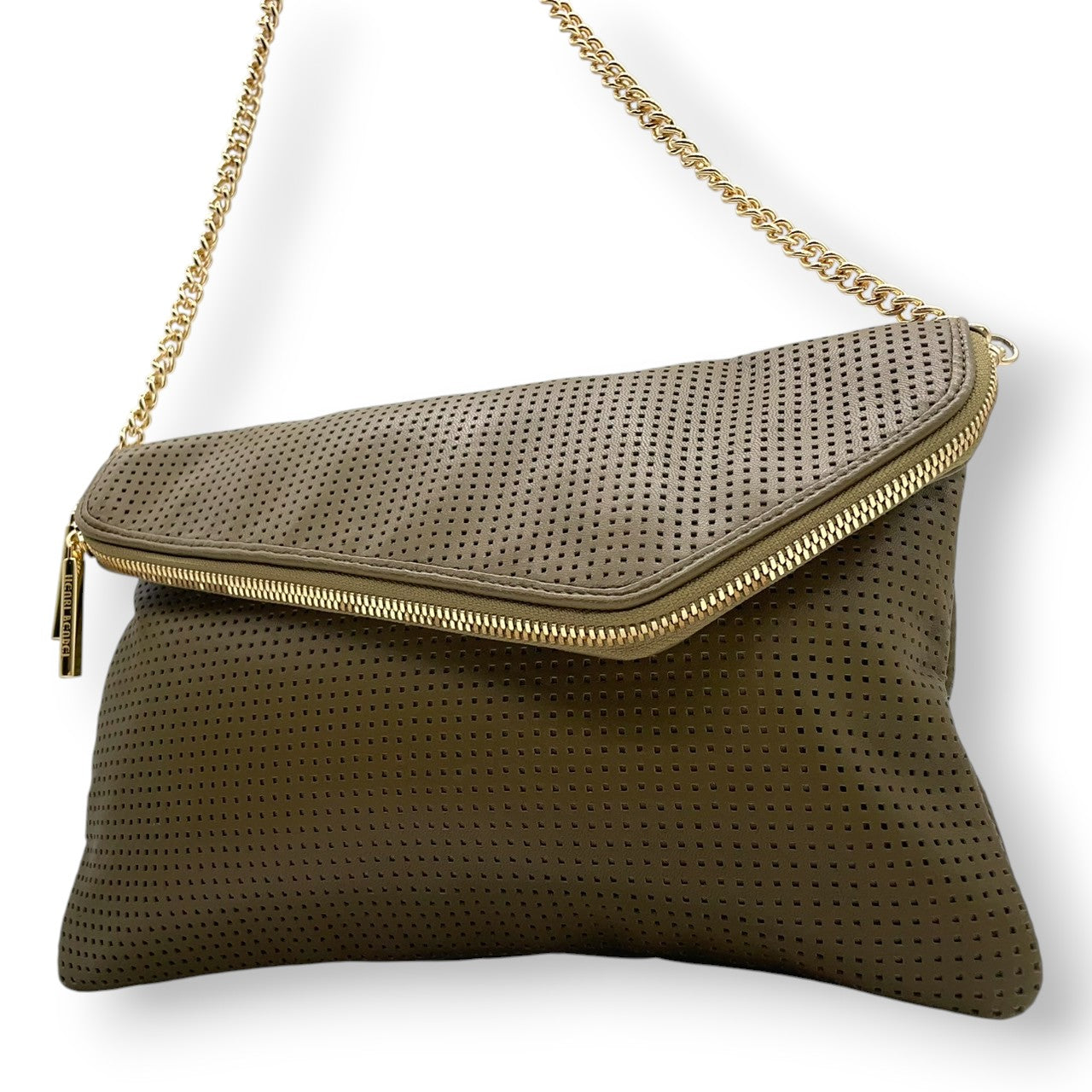 【美品】Henri Bendel ヘンリベンデル 2WAY ショルダーバッグ クラッチバッグ チェーンショルダー パンチングレザー カーキ グリーン系 ゴールド金具 レディース エレガント スタイリッシュ パーティー 人気モデル クリーニング済み s7