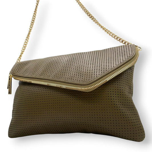 【美品】Henri Bendel ヘンリベンデル 2WAY ショルダーバッグ クラッチバッグ チェーンショルダー パンチングレザー カーキ グリーン系 ゴールド金具 レディース エレガント スタイリッシュ パーティー 人気モデル クリーニング済み s7