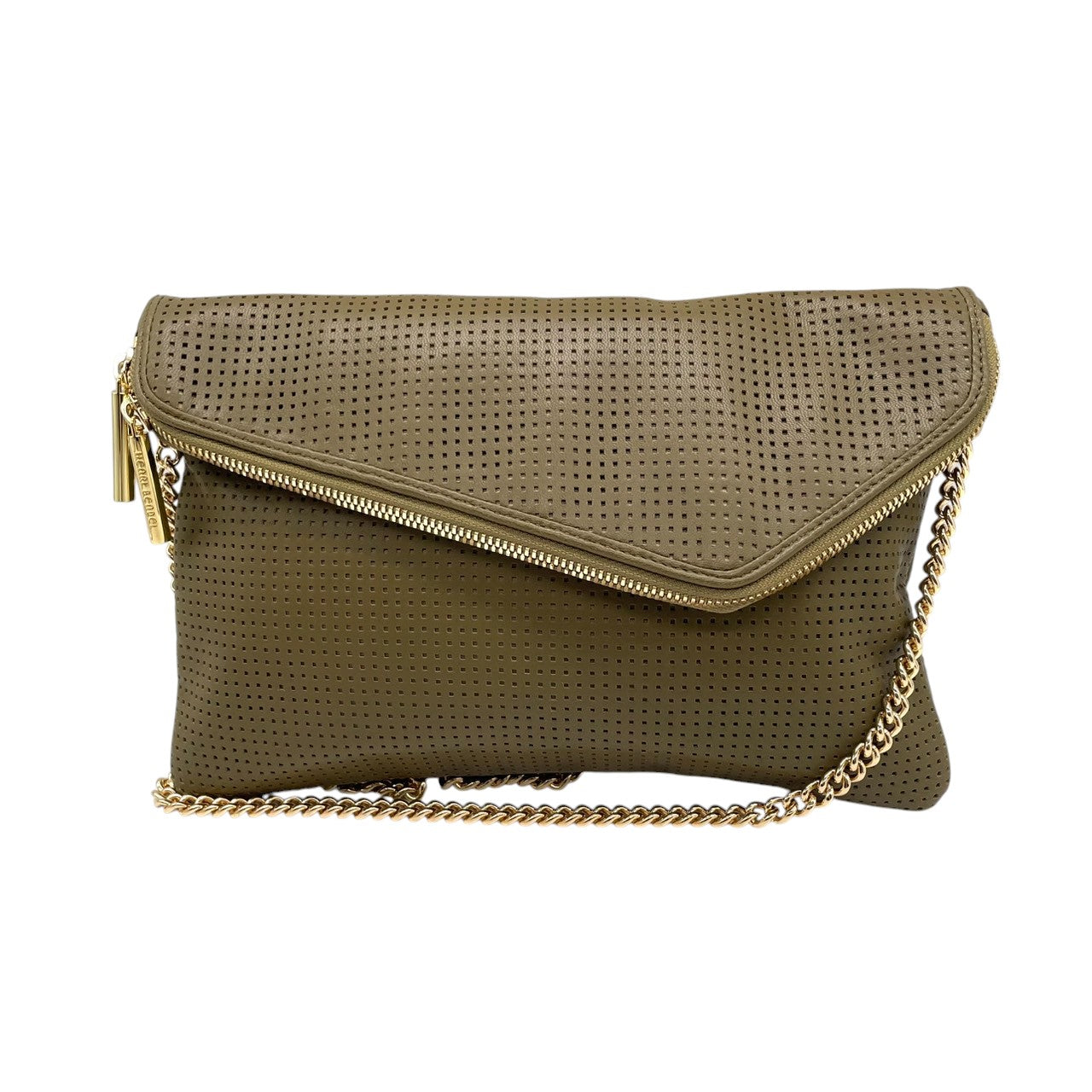 【美品】Henri Bendel ヘンリベンデル 2WAY ショルダーバッグ クラッチバッグ チェーンショルダー パンチングレザー カーキ グリーン系 ゴールド金具 レディース エレガント スタイリッシュ パーティー 人気モデル クリーニング済み s7