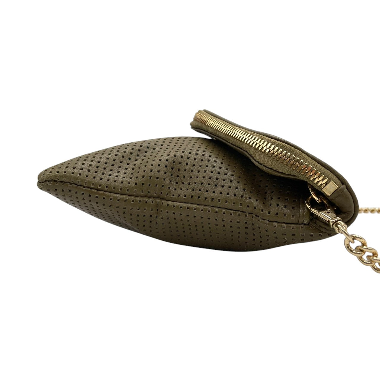 【美品】Henri Bendel ヘンリベンデル 2WAY ショルダーバッグ クラッチバッグ チェーンショルダー パンチングレザー カーキ グリーン系 ゴールド金具 レディース エレガント スタイリッシュ パーティー 人気モデル クリーニング済み s7