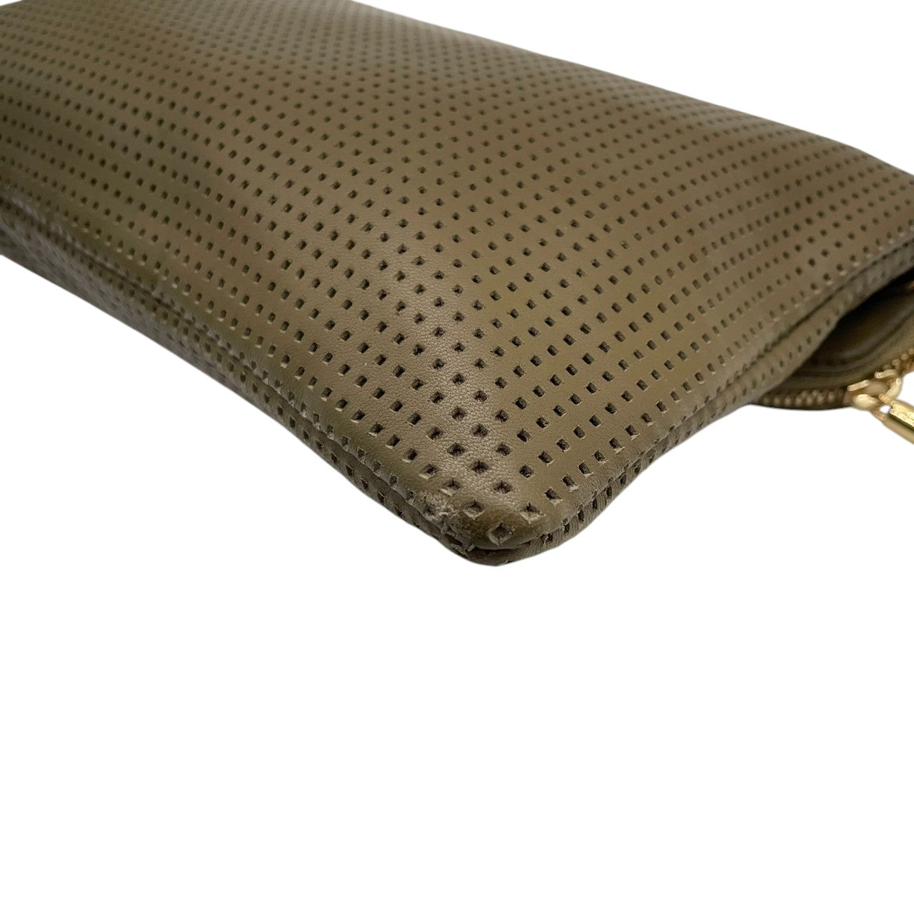 【美品】Henri Bendel ヘンリベンデル 2WAY ショルダーバッグ クラッチバッグ チェーンショルダー パンチングレザー カーキ グリーン系 ゴールド金具 レディース エレガント スタイリッシュ パーティー 人気モデル クリーニング済み s7