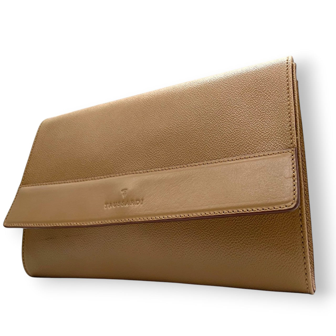 【TRUSSARDI】トラサルディ クラッチバッグ セカンドバッグ PVC レザー ベージュ系 ロゴ型押し イタリア製 メンズ レディース ユニセックス フォーマル ビジネス ヴィンテージ スタイリッシュ 上品 クリーニング済み s7