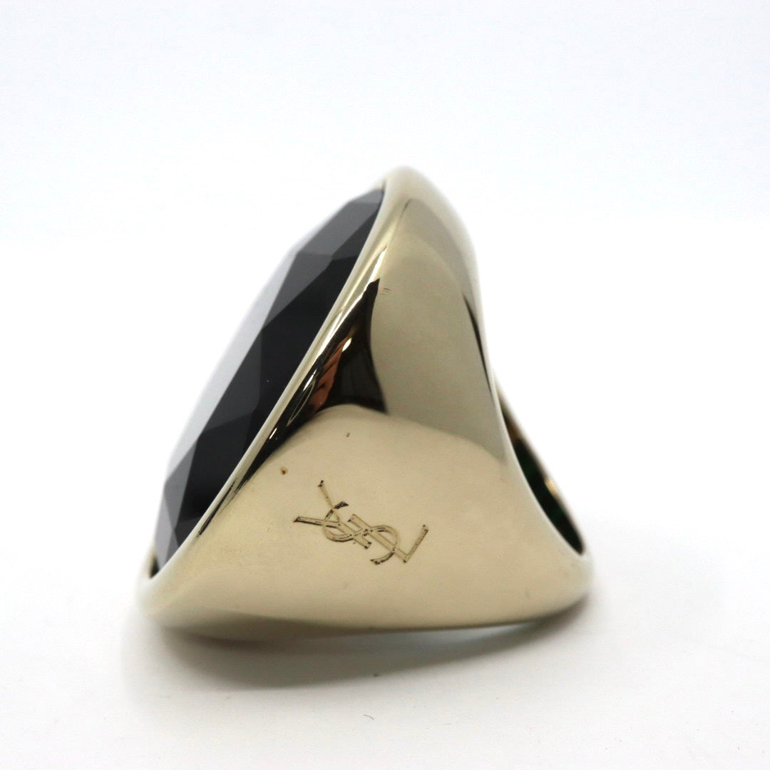 超希少 美品 イヴサンローラン YVES SAINT LAURENT ヴィンテージ エメラルド カラーストーン リング 指輪 9号 YSL ロゴ刻印 大ぶり ゴールドカラー アクセサリー アンティーク ヴィンテージ レディース ジュエリー vintage I8