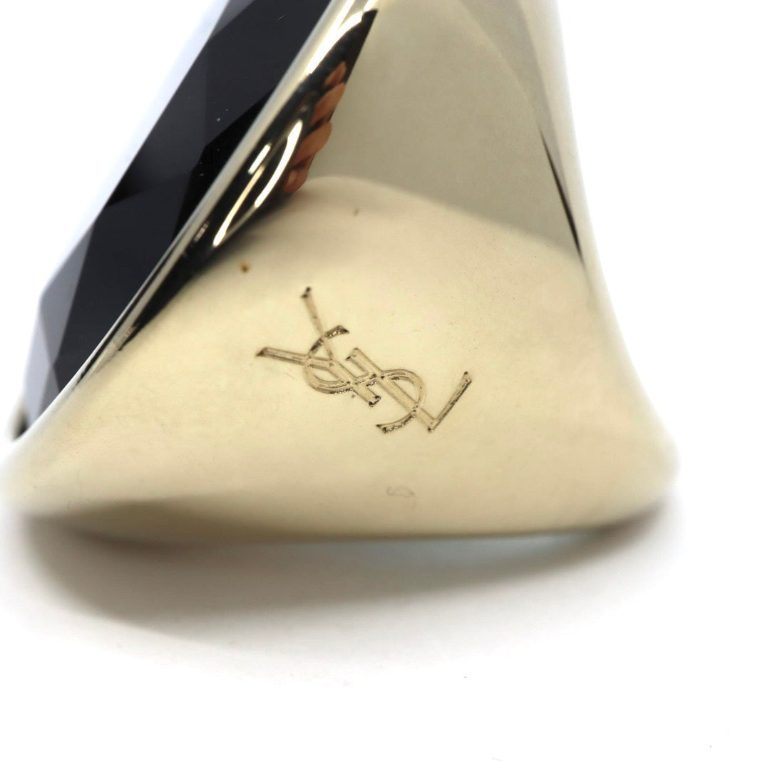 超希少 美品 イヴサンローラン YVES SAINT LAURENT ヴィンテージ エメラルド カラーストーン リング 指輪 9号 YSL ロゴ刻印 大ぶり ゴールドカラー アクセサリー アンティーク ヴィンテージ レディース ジュエリー vintage I8