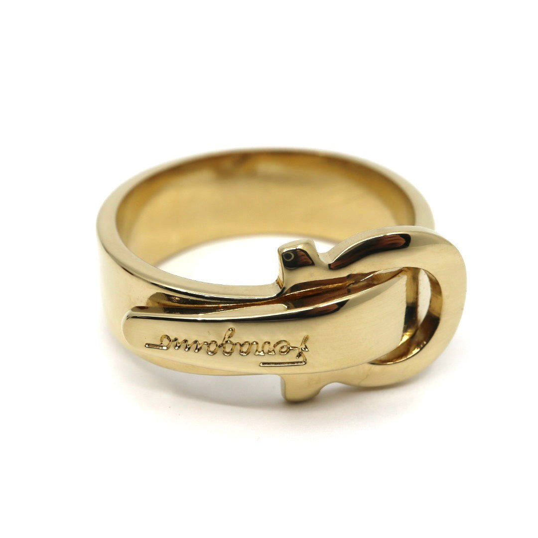 美品 フェラガモ Ferragamo ガンチーニ スカーフリング ゴールドカラー 金 ロゴ刻印 メタル アクセサリー レディース I8