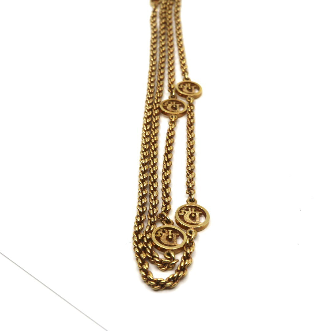 美品 クリスチャン ディオール Christian Dior ロゴネックレス ロゴメダル チェーンネックレス ロングチェーン ゴールド ヴィンテージ アクセサリー レディース I8