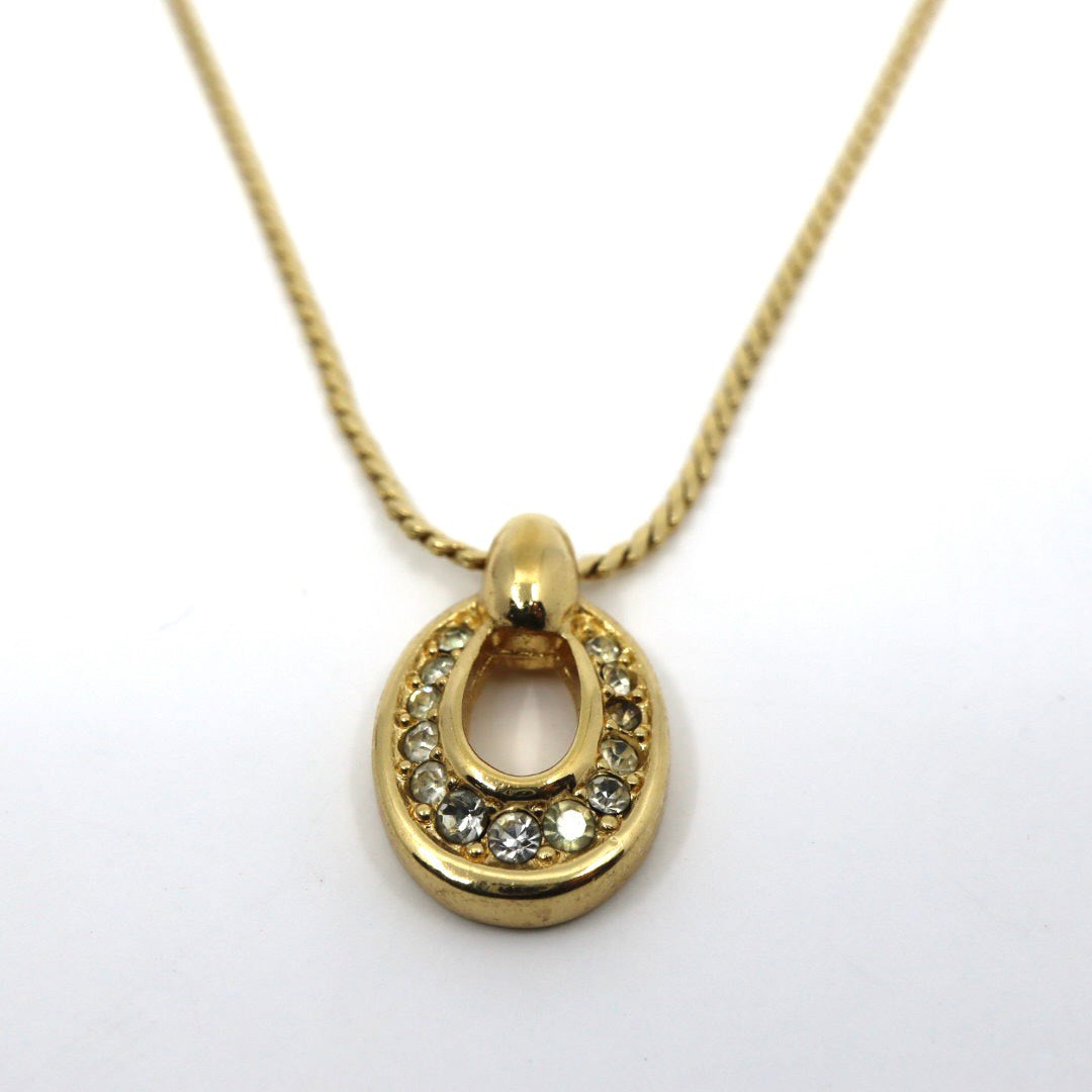 【美品】Christian Dior クリスチャンディオール ラインストーン ホースシュー サークル ネックレス ゴールドカラー GP ペンダント ヴィンテージジュエリー アクセサリー レディース I4