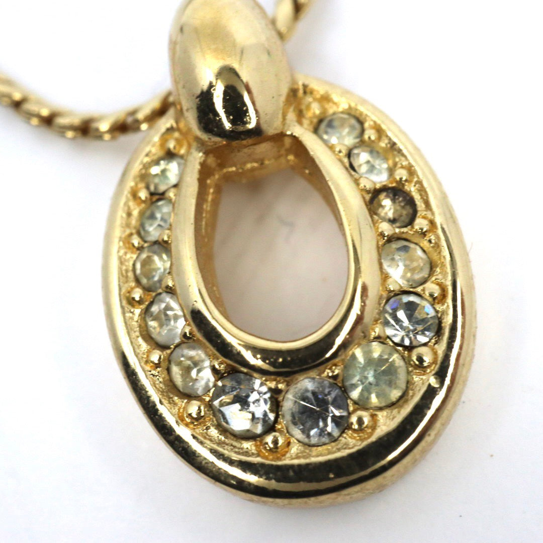 【美品】Christian Dior クリスチャンディオール ラインストーン ホースシュー サークル ネックレス ゴールドカラー GP ペンダント ヴィンテージジュエリー アクセサリー レディース I4