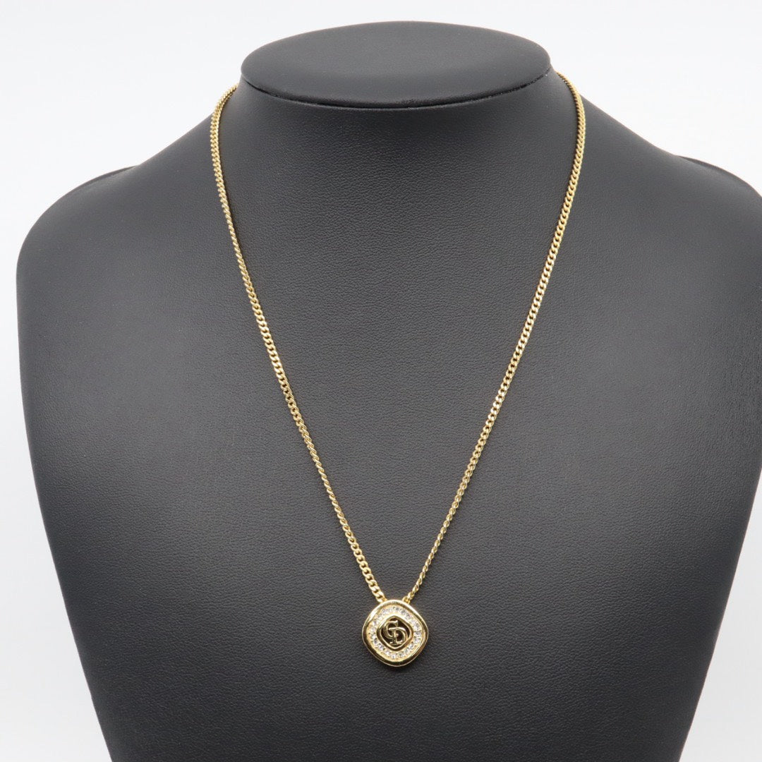 【美品】Christian Dior クリスチャンディオール ラインストーン CDロゴ ネックレス ゴールドカラー GP ペンダント ヴィンテージジュエリー アクセサリー レディース I4