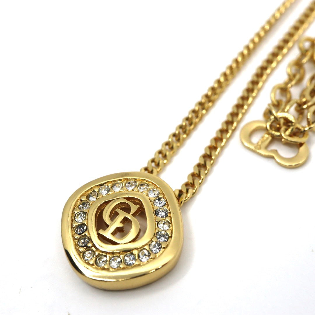 【美品】Christian Dior クリスチャンディオール ラインストーン CDロゴ ネックレス ゴールドカラー GP ペンダント ヴィンテージジュエリー アクセサリー レディース I4
