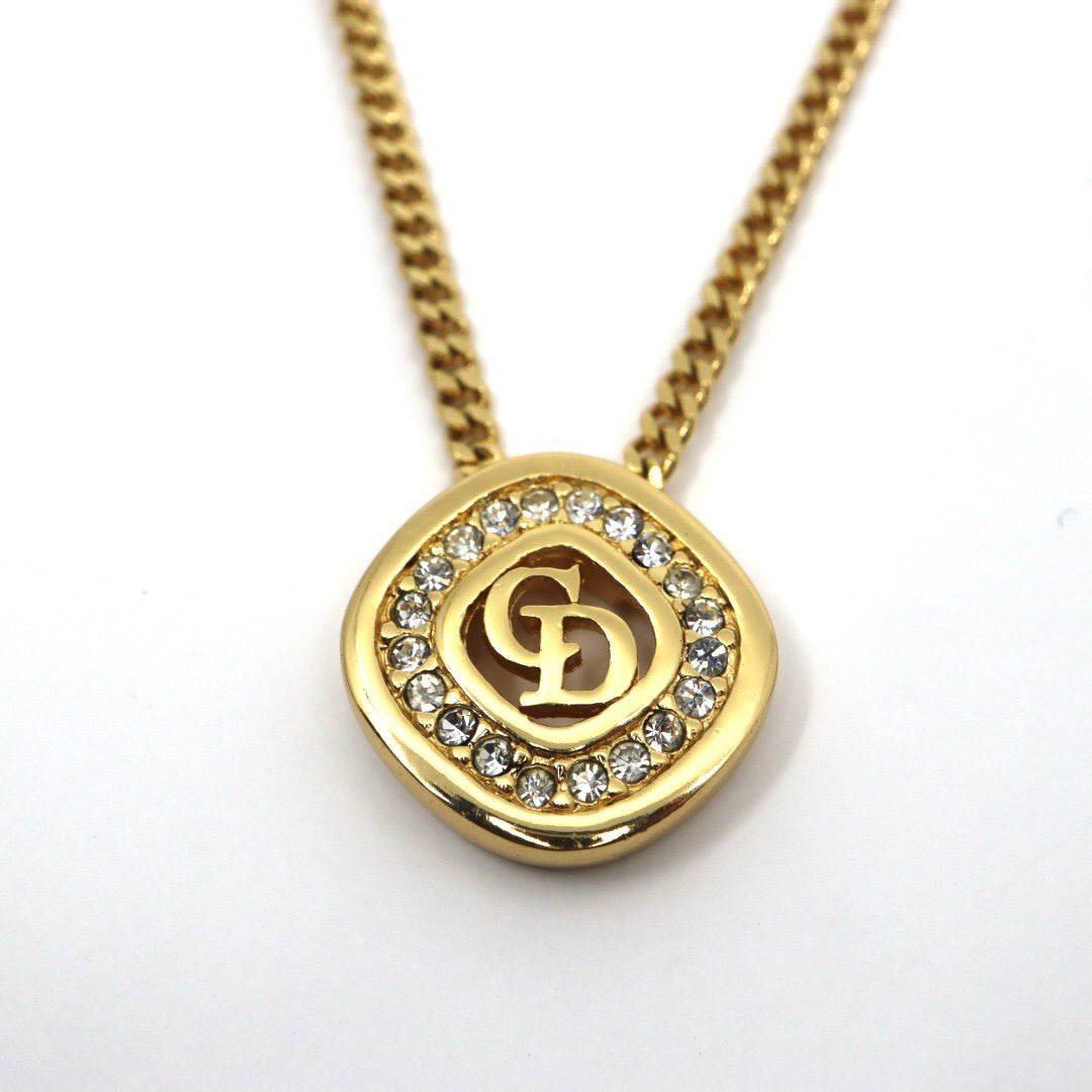 【美品】Christian Dior クリスチャンディオール ラインストーン CDロゴ ネックレス ゴールドカラー GP ペンダント ヴィンテージジュエリー アクセサリー レディース I4