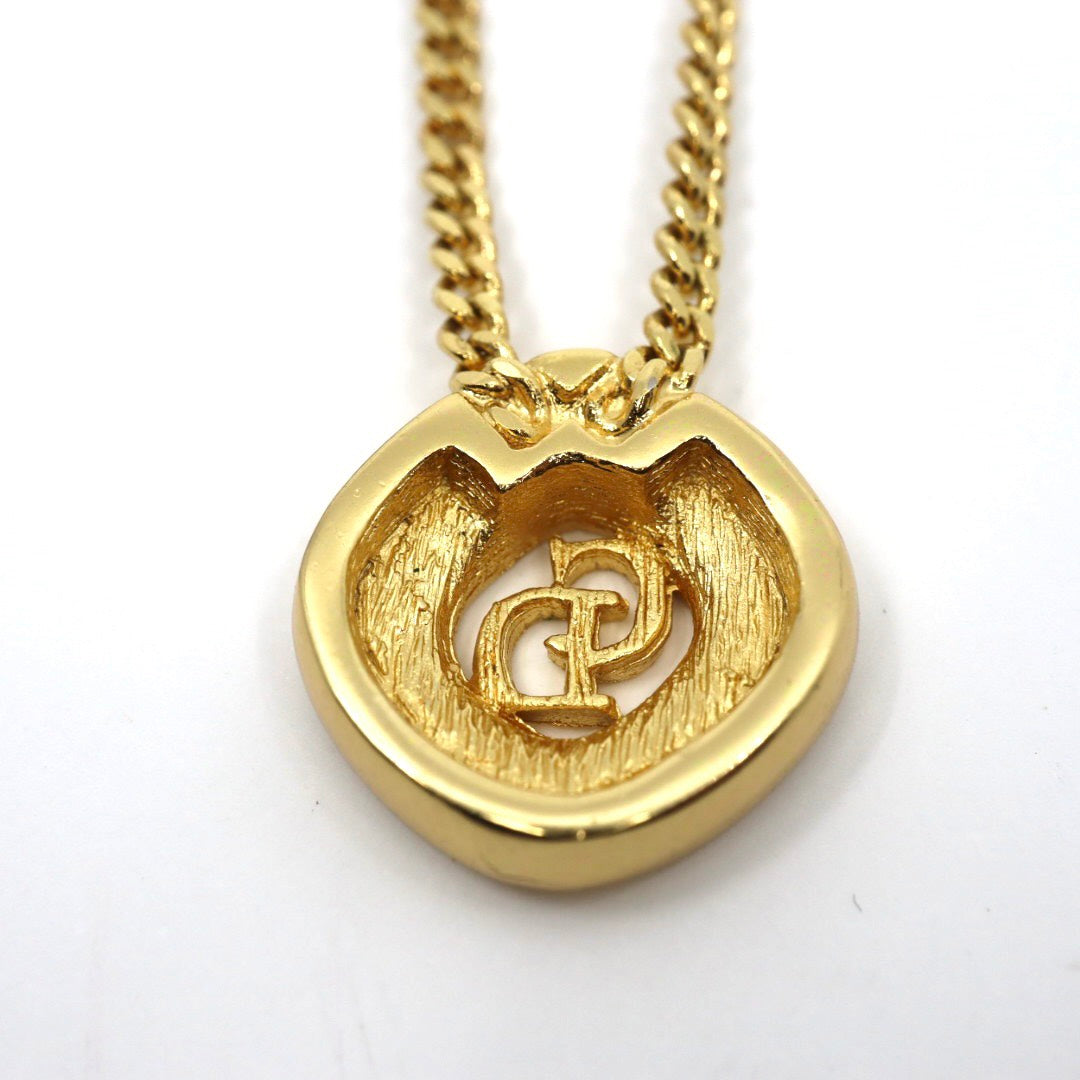 【美品】Christian Dior クリスチャンディオール ラインストーン CDロゴ ネックレス ゴールドカラー GP ペンダント ヴィンテージジュエリー アクセサリー レディース I4