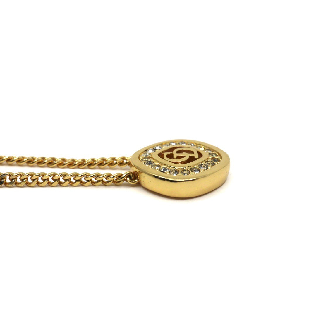 【美品】Christian Dior クリスチャンディオール ラインストーン CDロゴ ネックレス ゴールドカラー GP ペンダント ヴィンテージジュエリー アクセサリー レディース I4