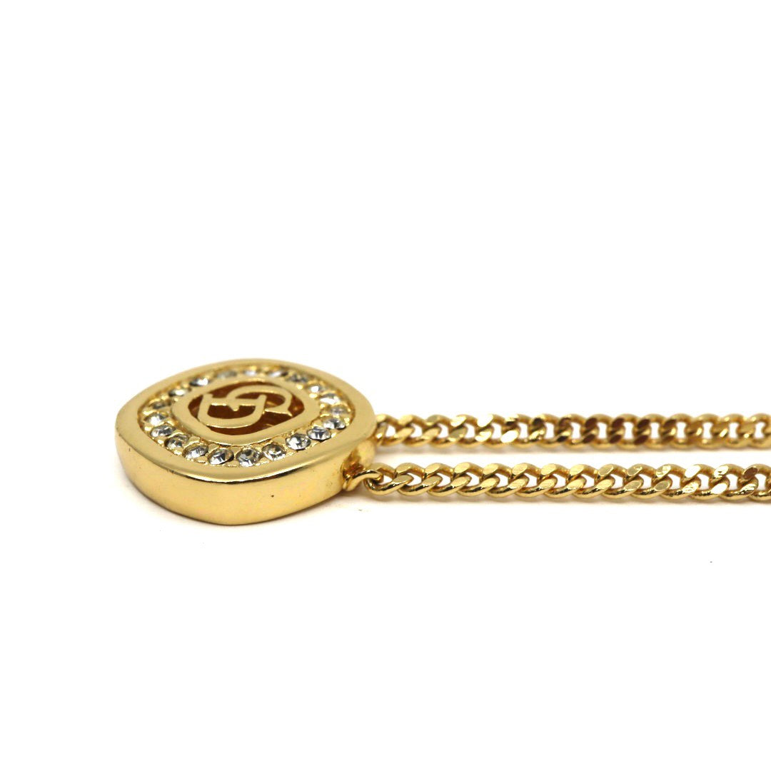【美品】Christian Dior クリスチャンディオール ラインストーン CDロゴ ネックレス ゴールドカラー GP ペンダント ヴィンテージジュエリー アクセサリー レディース I4