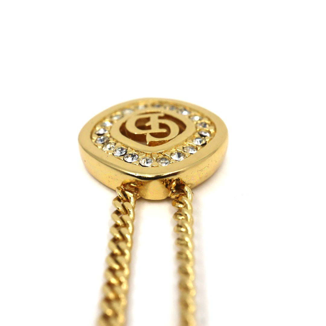 【美品】Christian Dior クリスチャンディオール ラインストーン CDロゴ ネックレス ゴールドカラー GP ペンダント ヴィンテージジュエリー アクセサリー レディース I4
