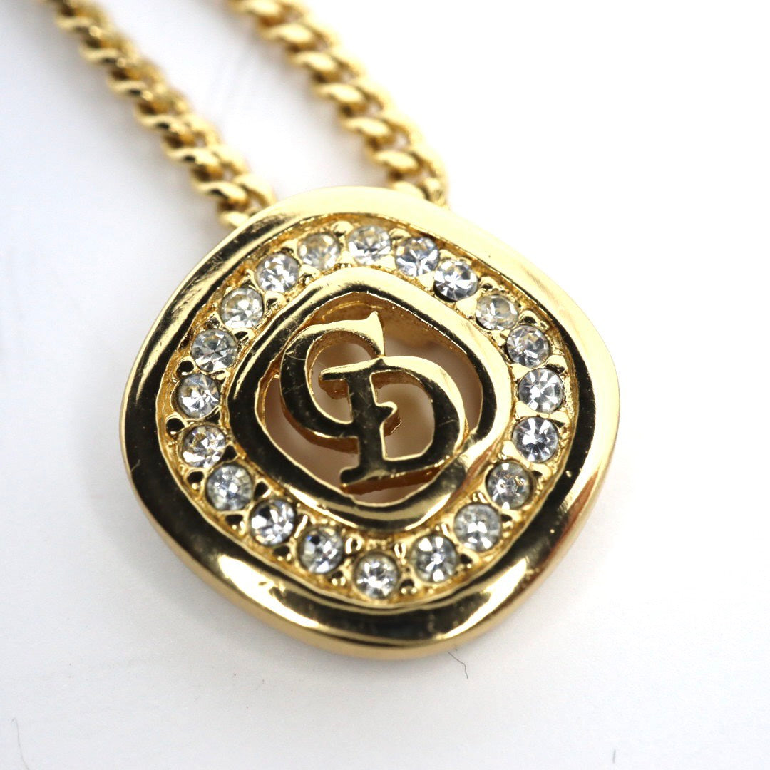 【美品】Christian Dior クリスチャンディオール ラインストーン CDロゴ ネックレス ゴールドカラー GP ペンダント ヴィンテージジュエリー アクセサリー レディース I4