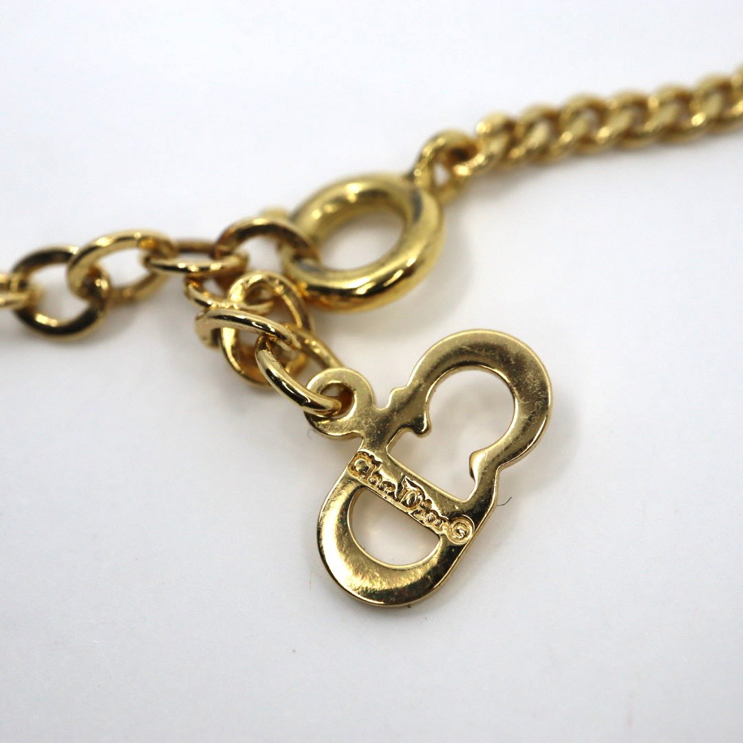 【美品】Christian Dior クリスチャンディオール ラインストーン CDロゴ ネックレス ゴールドカラー GP ペンダント ヴィンテージジュエリー アクセサリー レディース I4