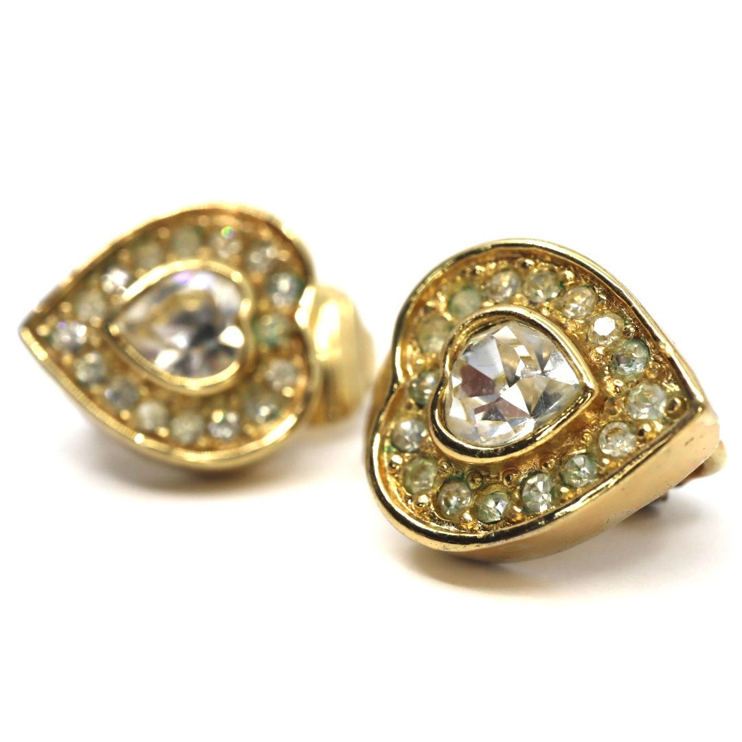 【美品】Christian Dior クリスチャンディオール ハートモチーフ ラインストーン クリスタル イヤリング ゴールドカラー GP ヴィンテージジュエリー アクセサリー レディース I4