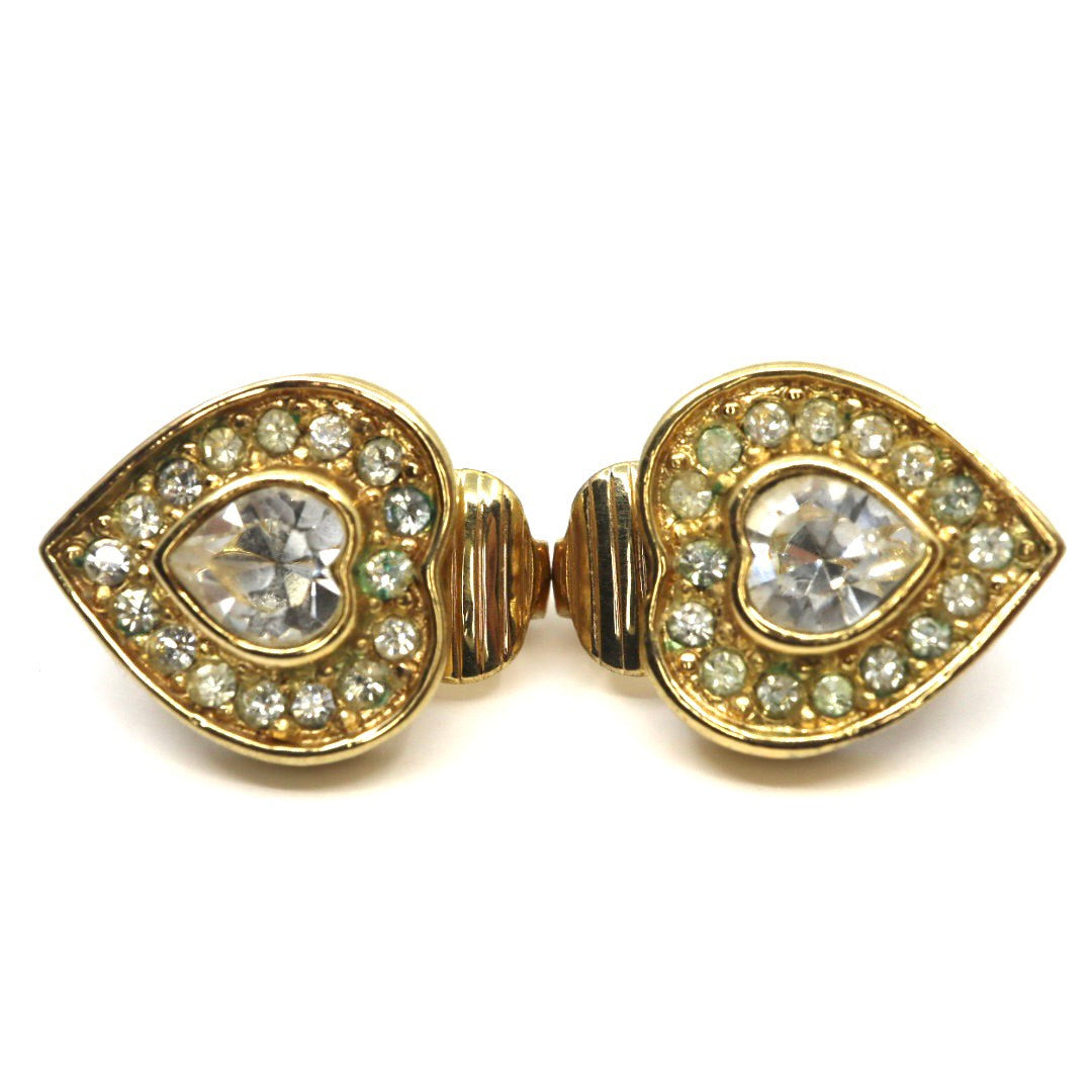 【美品】Christian Dior クリスチャンディオール ハートモチーフ ラインストーン クリスタル イヤリング ゴールドカラー GP ヴィンテージジュエリー アクセサリー レディース I4