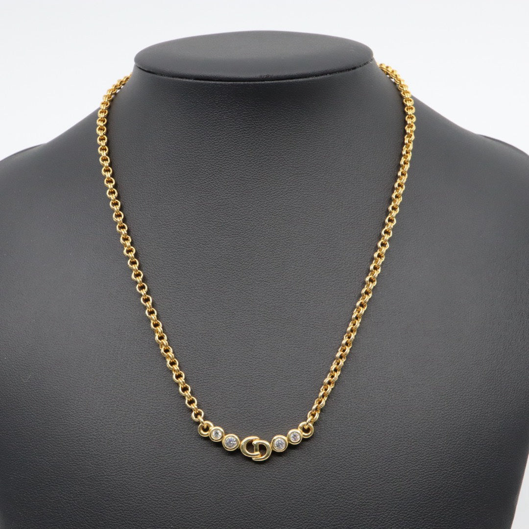 【美品】Christian Dior クリスチャンディオール CDロゴ クリスタル チェーン ネックレス ゴールドカラー GP ペンダント ヴィンテージジュエリー アクセサリー レディース I4