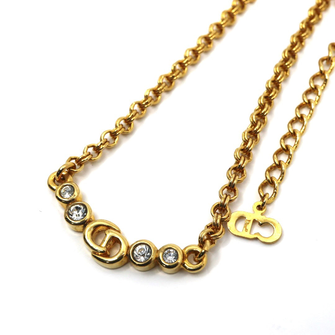 【美品】Christian Dior クリスチャンディオール CDロゴ クリスタル チェーン ネックレス ゴールドカラー GP ペンダント ヴィンテージジュエリー アクセサリー レディース I4