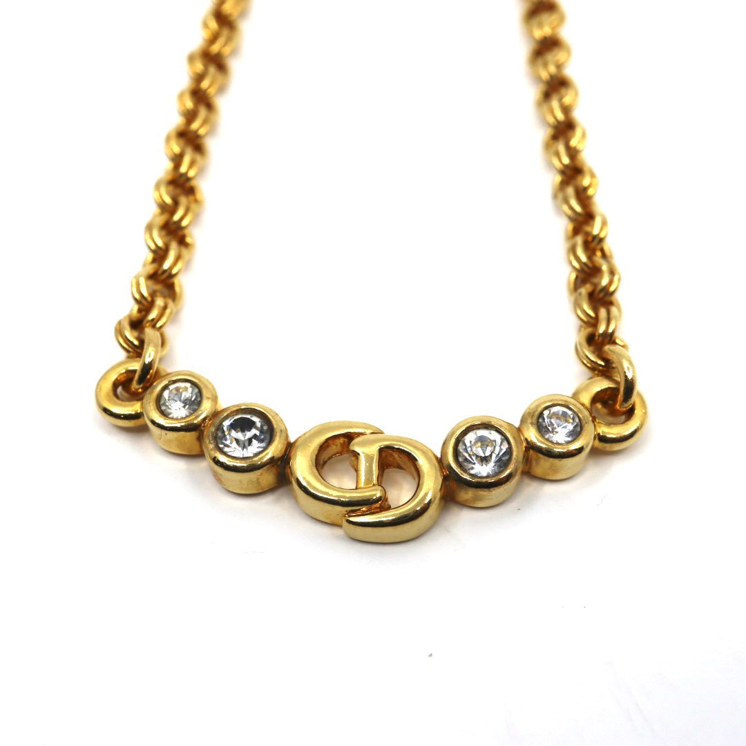 【美品】Christian Dior クリスチャンディオール CDロゴ クリスタル チェーン ネックレス ゴールドカラー GP ペンダント ヴィンテージジュエリー アクセサリー レディース I4