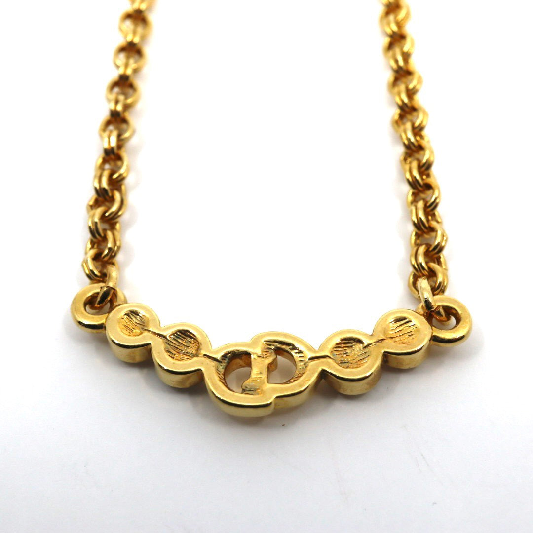 【美品】Christian Dior クリスチャンディオール CDロゴ クリスタル チェーン ネックレス ゴールドカラー GP ペンダント ヴィンテージジュエリー アクセサリー レディース I4