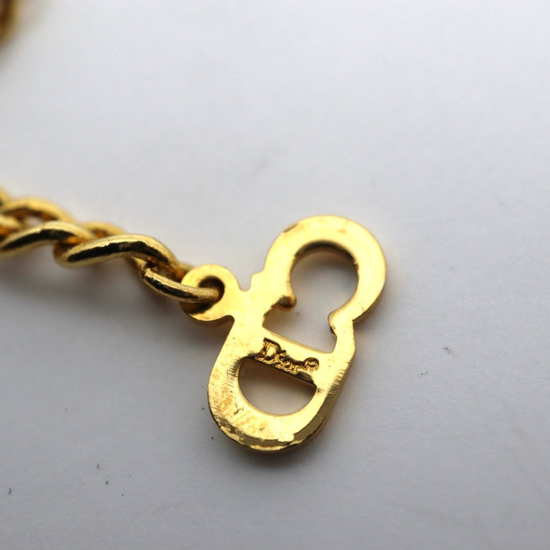 【美品】Christian Dior クリスチャンディオール CDロゴ クリスタル チェーン ネックレス ゴールドカラー GP ペンダント ヴィンテージジュエリー アクセサリー レディース I4