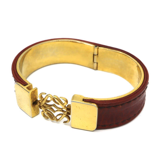 LOEWE ロエベ アナグラム ロゴ バングル ブレスレット レザー GP 茶 ブラウン ゴールドカラー ヴィンテージジュエリー アクセサリー レディース I4
