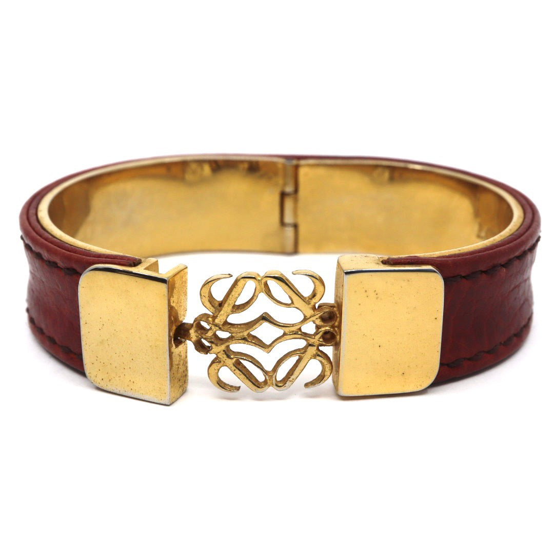 LOEWE ロエベ アナグラム ロゴ バングル ブレスレット レザー GP 茶 ブラウン ゴールドカラー ヴィンテージジュエリー アクセサリー レディース I4