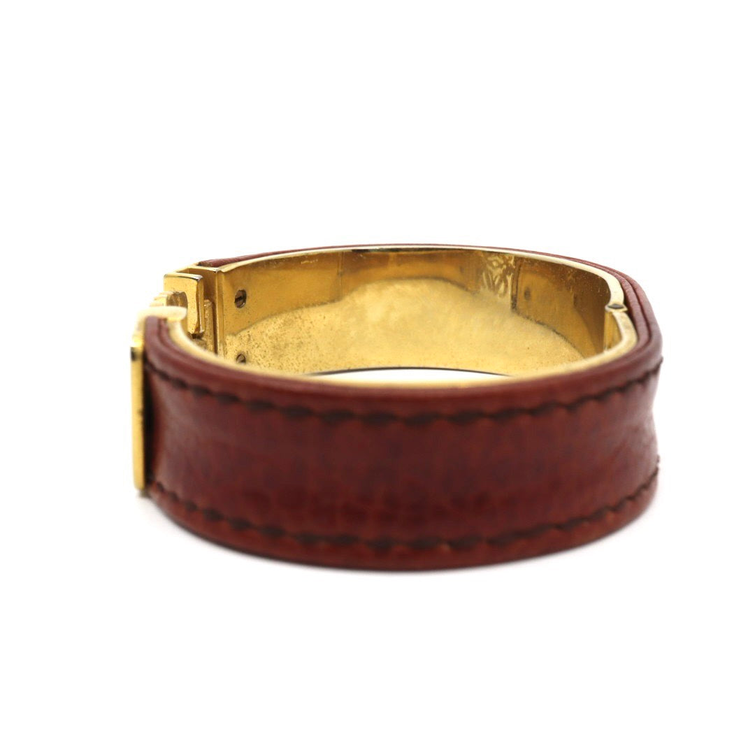 LOEWE ロエベ アナグラム ロゴ バングル ブレスレット レザー GP 茶 ブラウン ゴールドカラー ヴィンテージジュエリー アクセサリー レディース I4