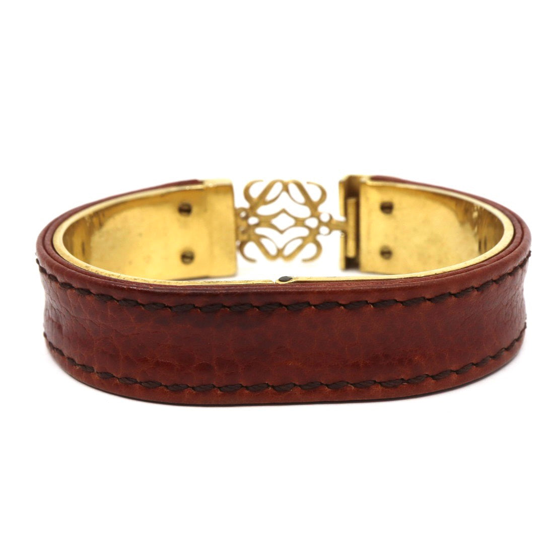 LOEWE ロエベ アナグラム ロゴ バングル ブレスレット レザー GP 茶 ブラウン ゴールドカラー ヴィンテージジュエリー アクセサリー レディース I4
