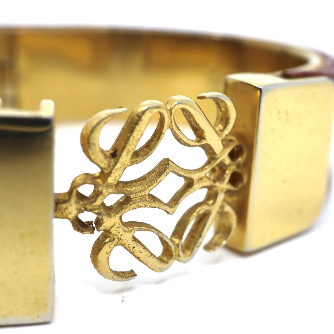 LOEWE ロエベ アナグラム ロゴ バングル ブレスレット レザー GP 茶 ブラウン ゴールドカラー ヴィンテージジュエリー アクセサリー レディース I4