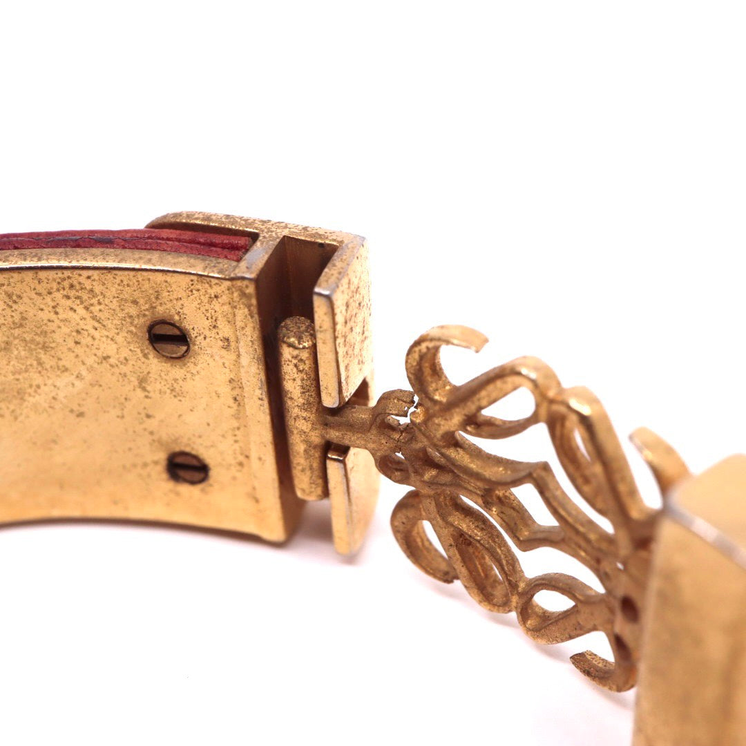 LOEWE ロエベ アナグラム ロゴ バングル ブレスレット レザー GP 茶 ブラウン ゴールドカラー ヴィンテージジュエリー アクセサリー レディース I4