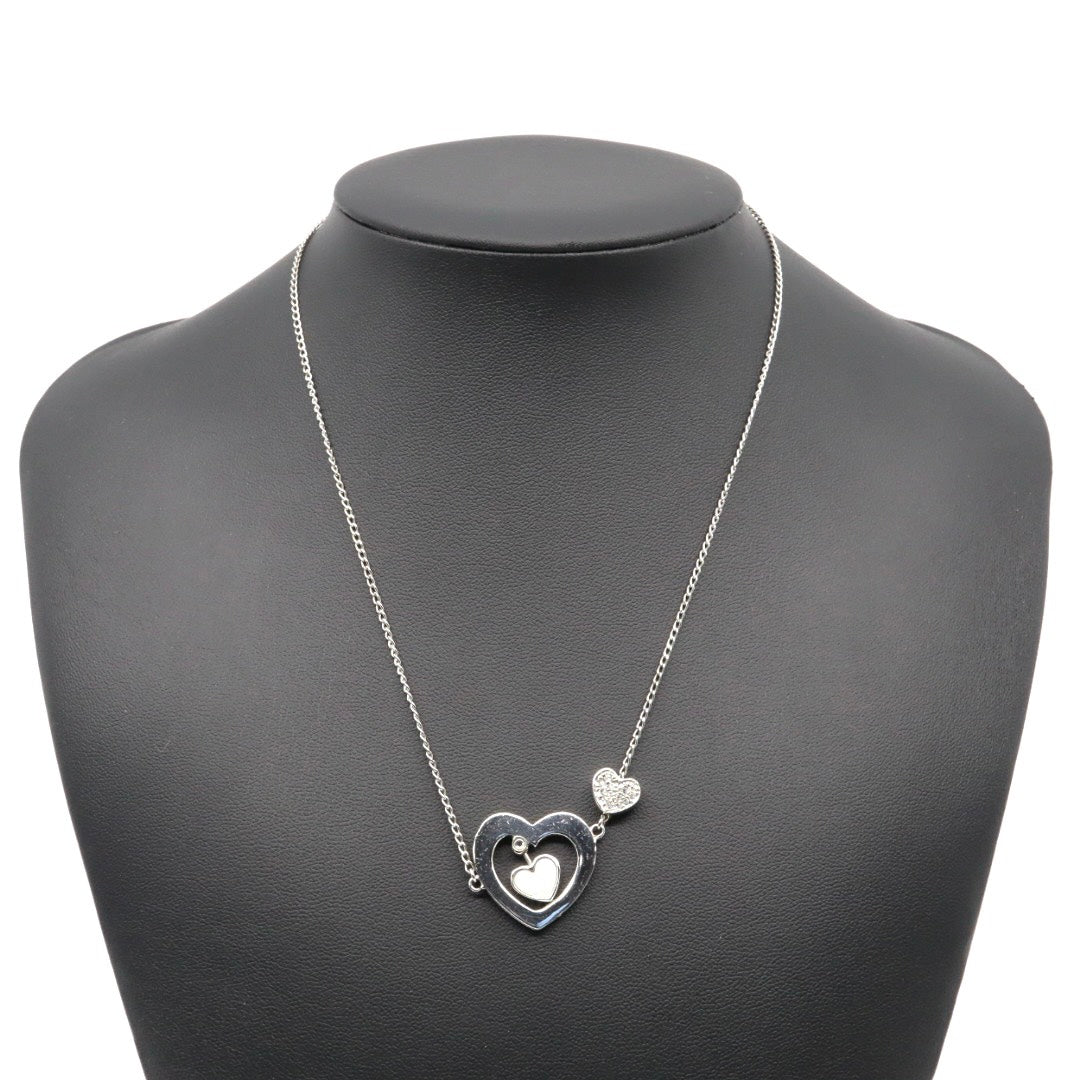 Christian Dior クリスチャンディオール ダブルハートモチーフ ラインストーン クローバーモチーフ Diorロゴ ネックレス シルバーカラー ペンダント ヴィンテージジュエリー アクセサリー レディース I4