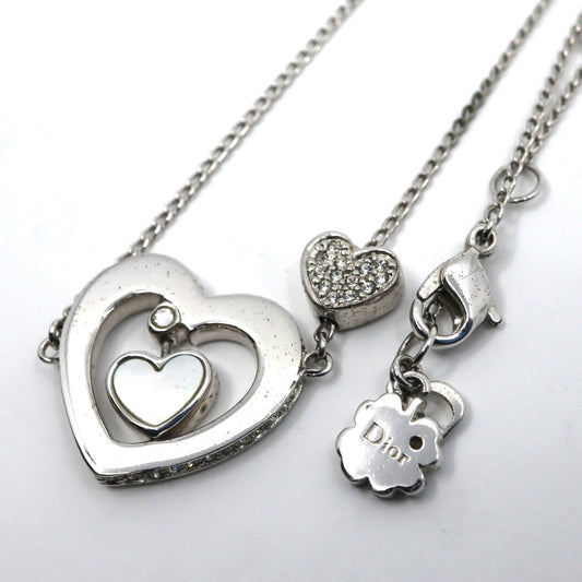 Christian Dior クリスチャンディオール ダブルハートモチーフ ラインストーン クローバーモチーフ Diorロゴ ネックレス シルバーカラー ペンダント ヴィンテージジュエリー アクセサリー レディース I4