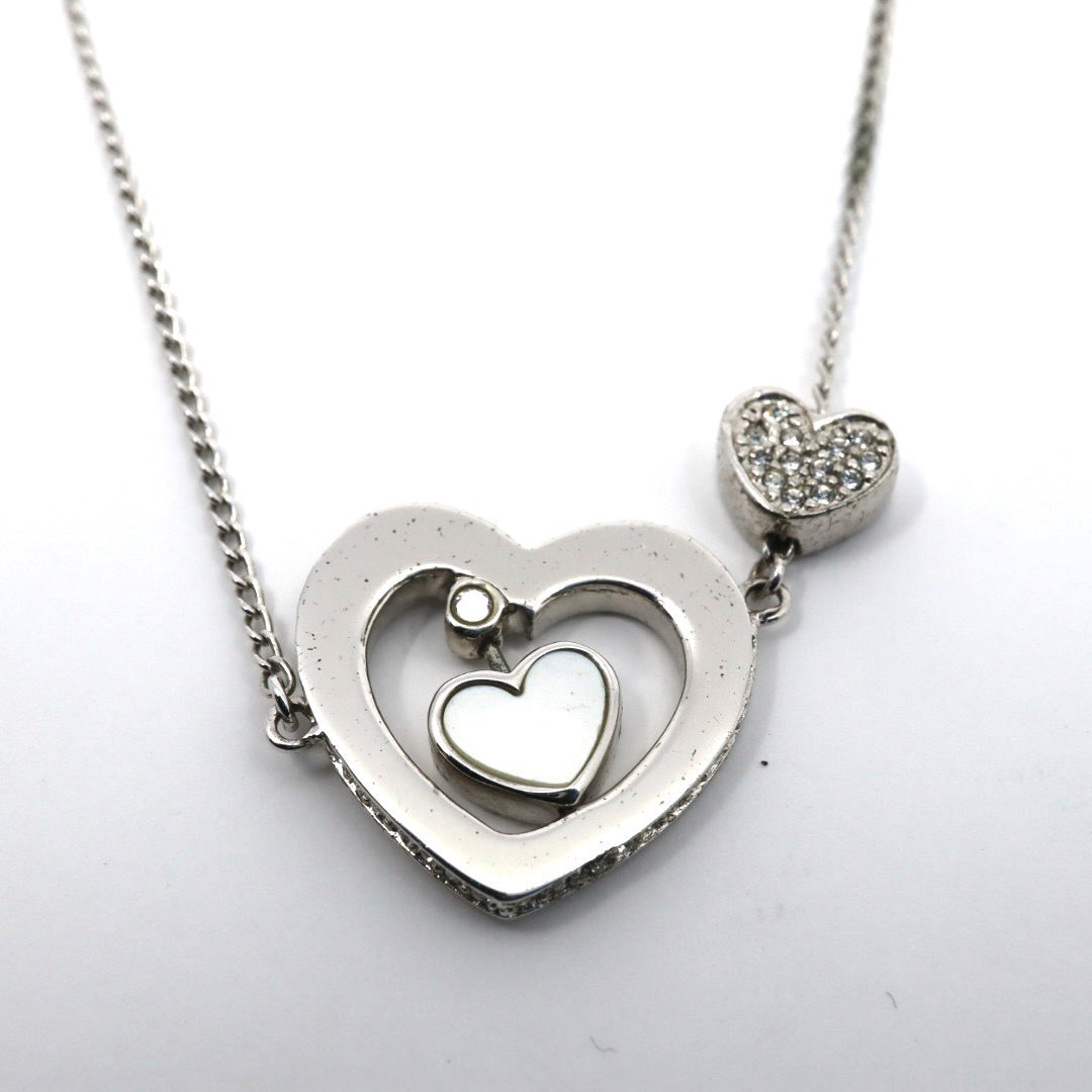 Christian Dior クリスチャンディオール ダブルハートモチーフ ラインストーン クローバーモチーフ Diorロゴ ネックレス シルバーカラー ペンダント ヴィンテージジュエリー アクセサリー レディース I4