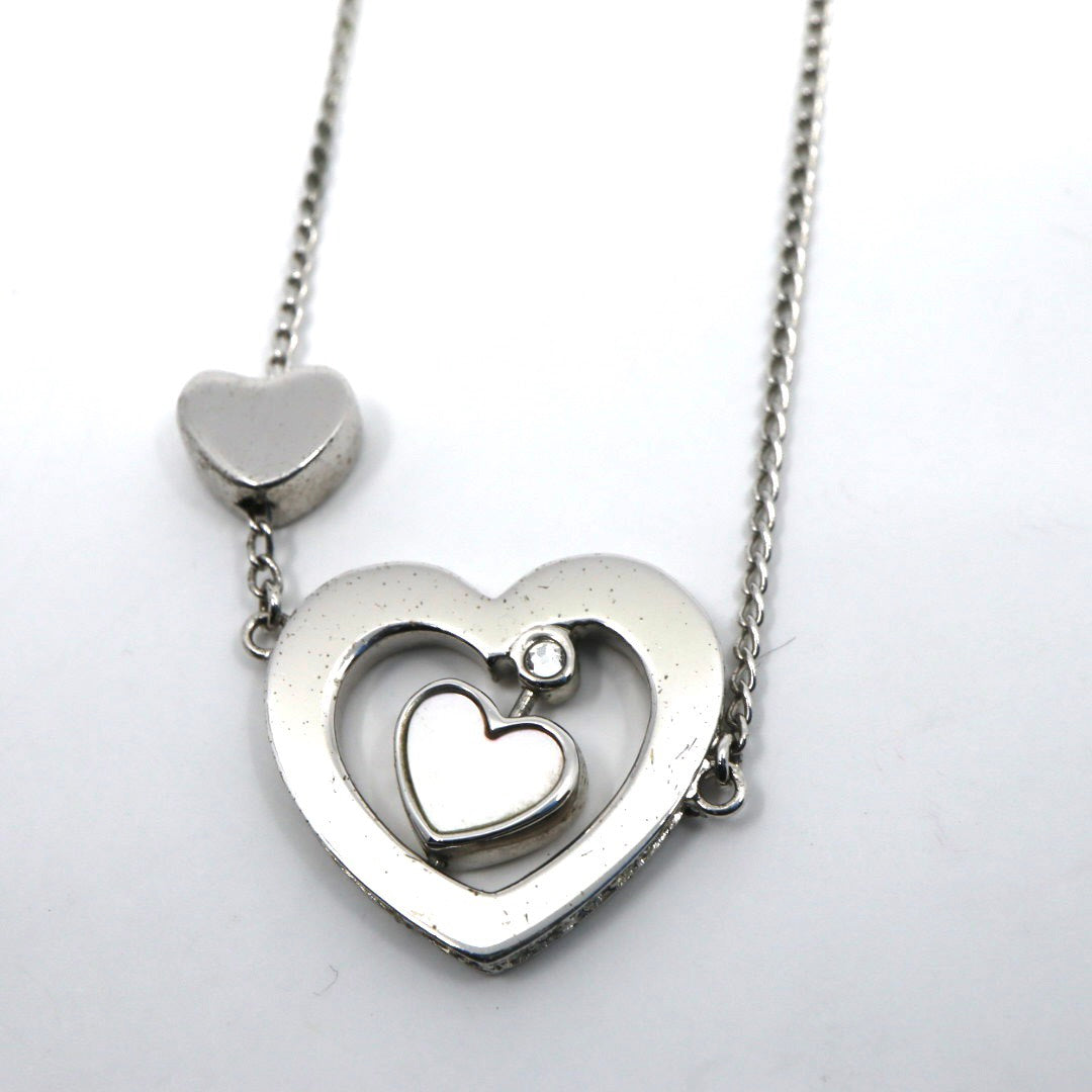 Christian Dior クリスチャンディオール ダブルハートモチーフ ラインストーン クローバーモチーフ Diorロゴ ネックレス シルバーカラー ペンダント ヴィンテージジュエリー アクセサリー レディース I4