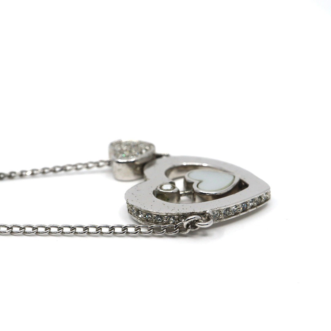 Christian Dior クリスチャンディオール ダブルハートモチーフ ラインストーン クローバーモチーフ Diorロゴ ネックレス シルバーカラー ペンダント ヴィンテージジュエリー アクセサリー レディース I4