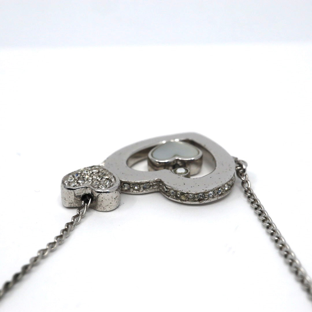 Christian Dior クリスチャンディオール ダブルハートモチーフ ラインストーン クローバーモチーフ Diorロゴ ネックレス シルバーカラー ペンダント ヴィンテージジュエリー アクセサリー レディース I4