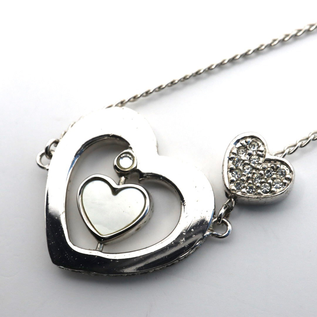 Christian Dior クリスチャンディオール ダブルハートモチーフ ラインストーン クローバーモチーフ Diorロゴ ネックレス シルバーカラー ペンダント ヴィンテージジュエリー アクセサリー レディース I4