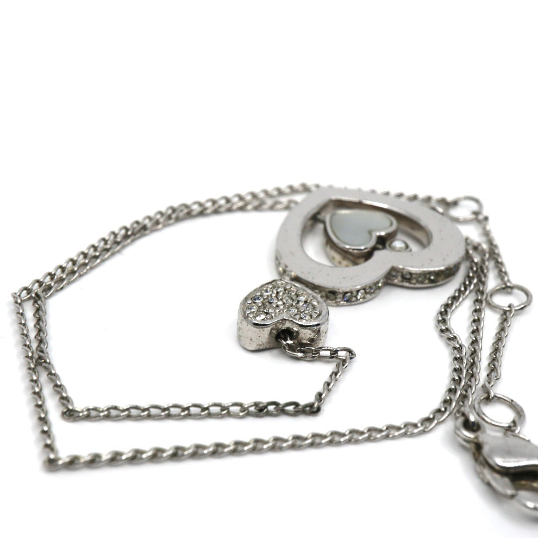 Christian Dior クリスチャンディオール ダブルハートモチーフ ラインストーン クローバーモチーフ Diorロゴ ネックレス シルバーカラー ペンダント ヴィンテージジュエリー アクセサリー レディース I4