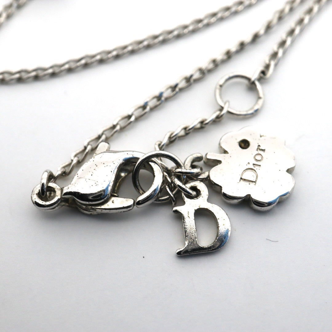 Christian Dior クリスチャンディオール ダブルハートモチーフ ラインストーン クローバーモチーフ Diorロゴ ネックレス シルバーカラー ペンダント ヴィンテージジュエリー アクセサリー レディース I4