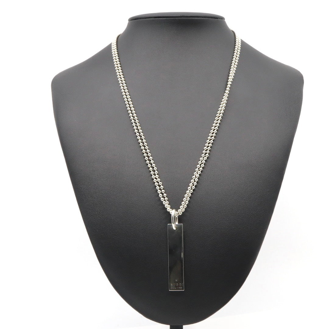 【美品】GUCCI グッチ ロゴプレート バー ネックレス シルバー925 ロング Wチェーン ボールチェーン ペンダント ヴィンテージジュエリー アクセサリー メンズ レディース 箱付き I4