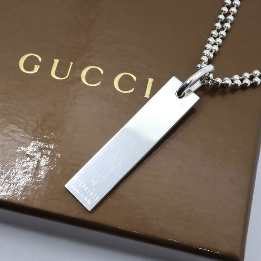 【美品】GUCCI グッチ ロゴプレート バー ネックレス シルバー925 ロング Wチェーン ボールチェーン ペンダント ヴィンテージジュエリー アクセサリー メンズ レディース 箱付き I4