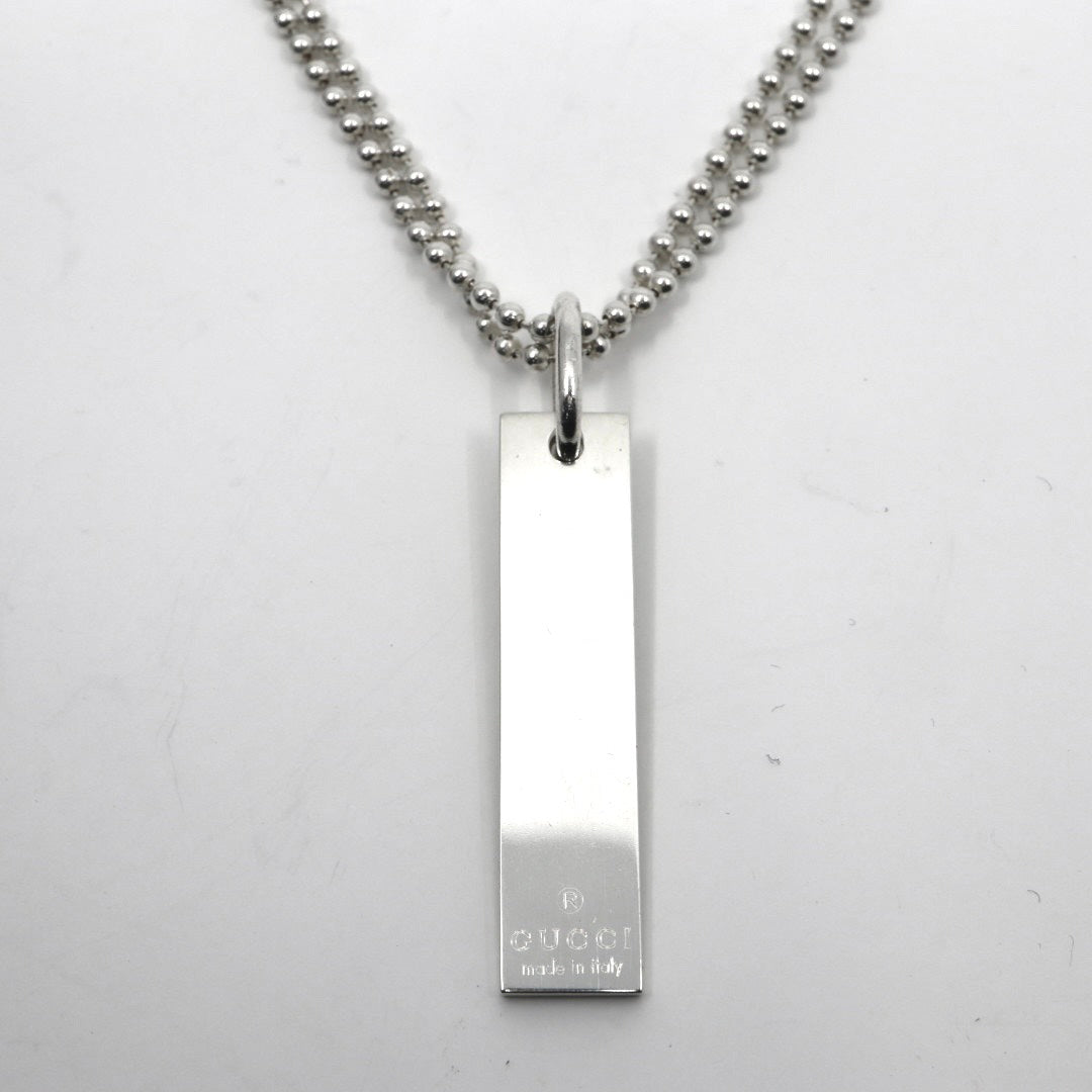 【美品】GUCCI グッチ ロゴプレート バー ネックレス シルバー925 ロング Wチェーン ボールチェーン ペンダント ヴィンテージジュエリー アクセサリー メンズ レディース 箱付き I4